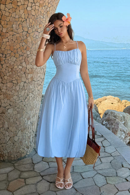 Solid Sleeveless Ruched Bust a Line Dress in Brown view 9 - Jednobojne