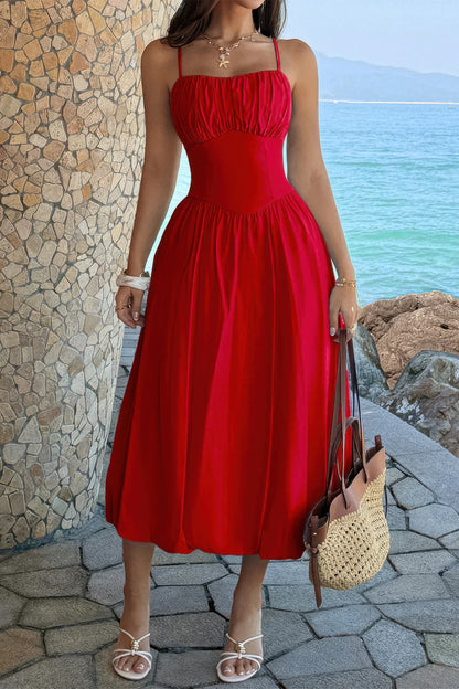 Solid Sleeveless Ruched Bust a Line Dress in Red view 13 - Jednobojne