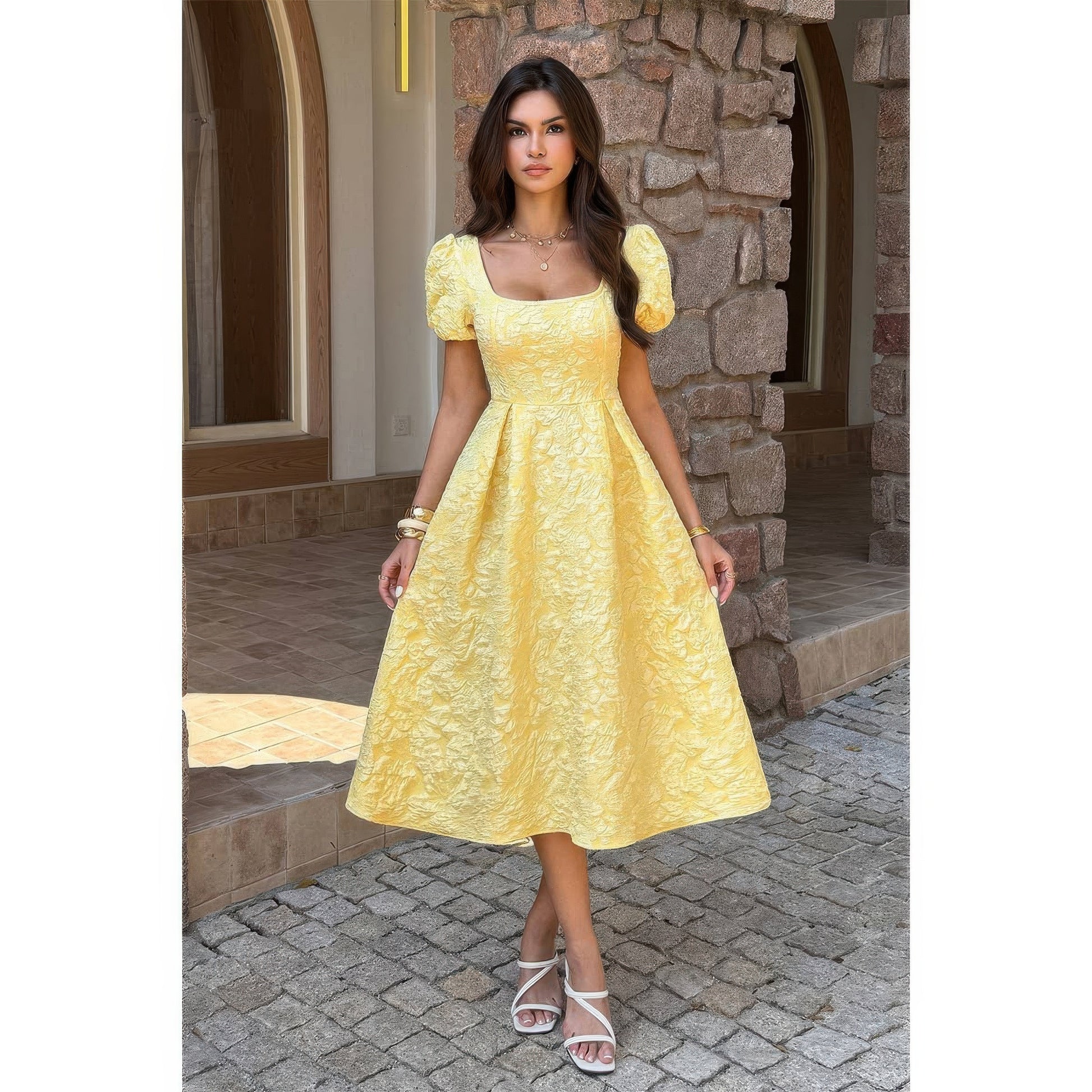 Solid Square Neck Puff Sleeve Midi Dress in Yellow view 2 - Solid Square Neck Dress