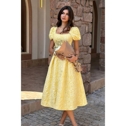 Solid Square Neck Puff Sleeve Midi Dress in Yellow view 3 - Solid Square Neck Dress