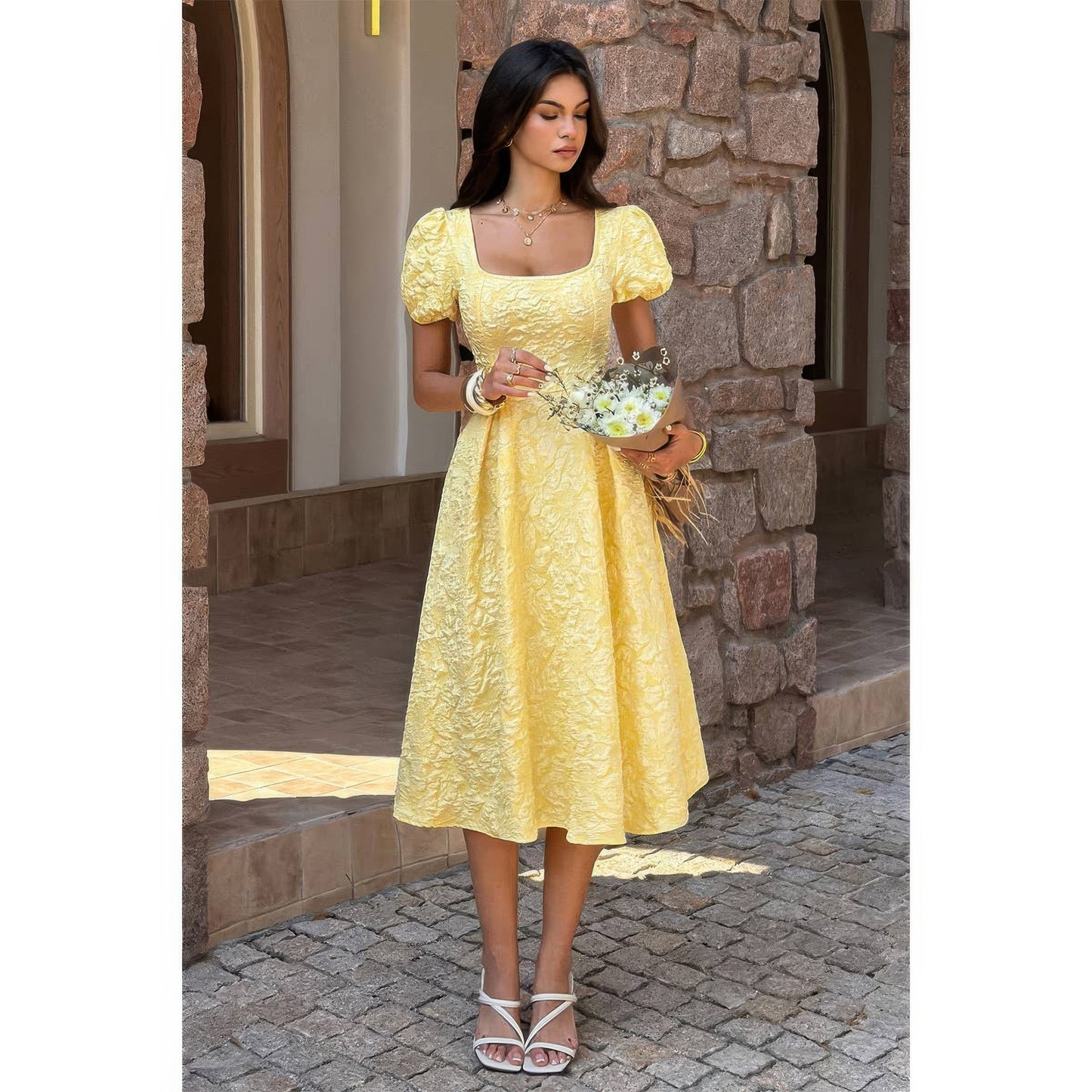 Solid Square Neck Puff Sleeve Midi Dress in Yellow view 4 - Solid Square Neck Dress