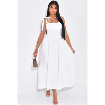 Solid Tie Straps Waist Corset Ruched Full Dress - MeeeShop Women's Fashion