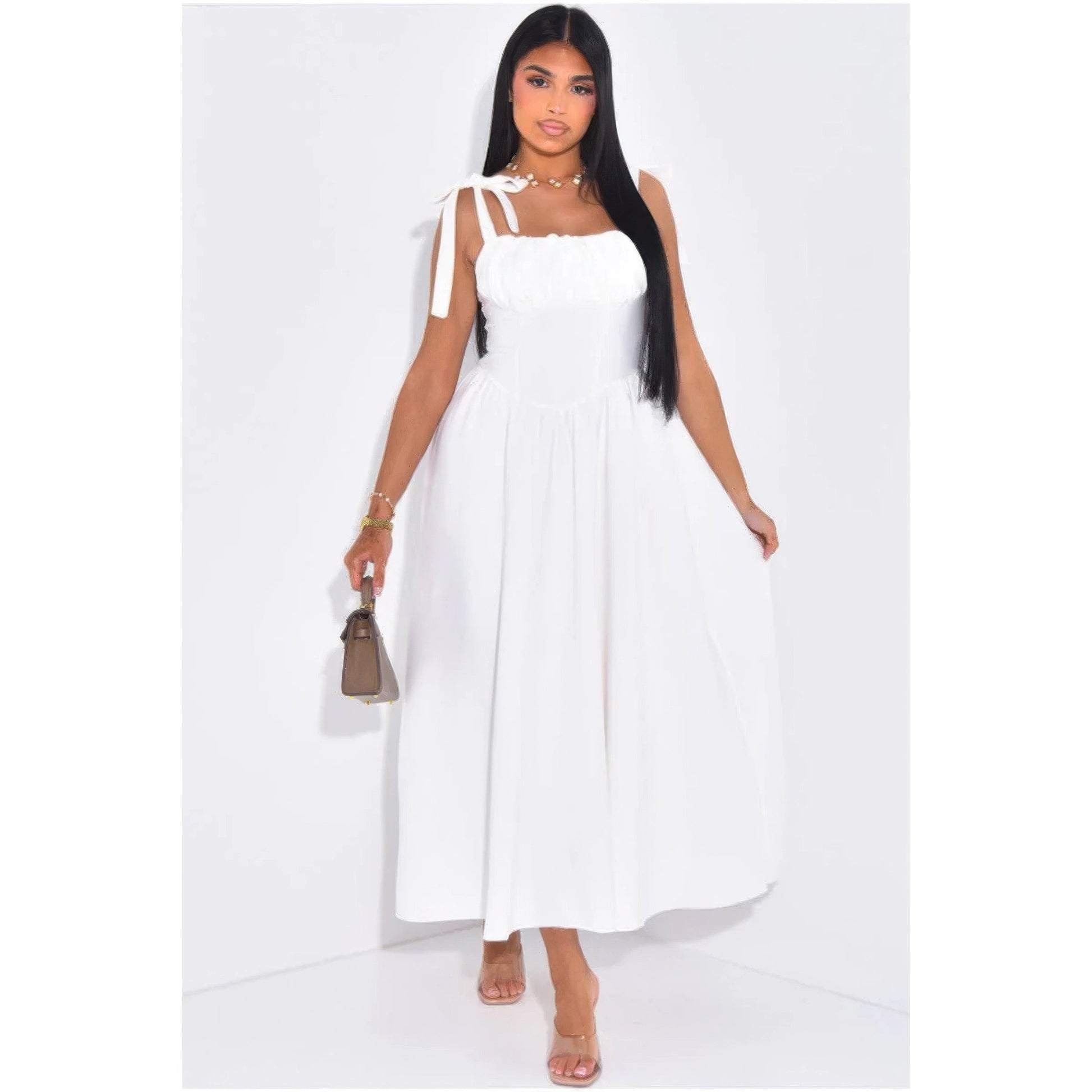 Solid Tie Straps Waist Corset Ruched Full Dress in S - Solid Striped Dress
