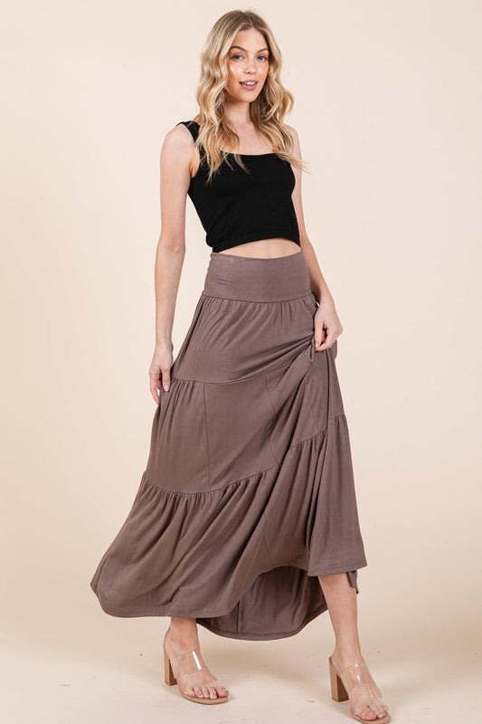 Solid Tiered Ruffle Skirt in Mocha - Solid Layered Skirt
