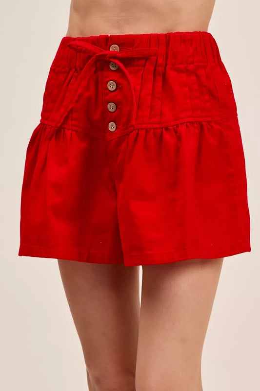 solid twill denim So Me Solid Twill Denim Pintucked Buttoned Shorts with Waist Tie view 2 (bottom) - shop at us.meeeshop