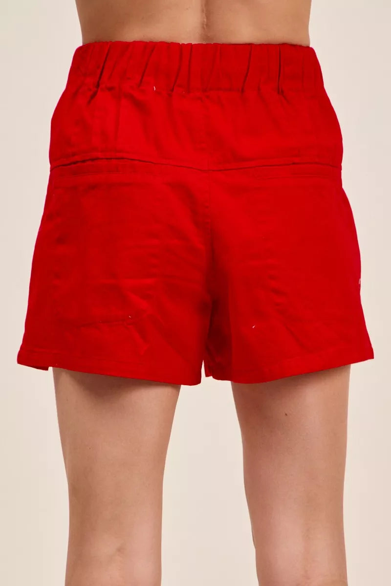 So Me Solid Twill Denim Pintucked Buttoned Shorts with Waist Tie RED view 3 (bottom) - tom ford solid t - shop at us.meeeshop