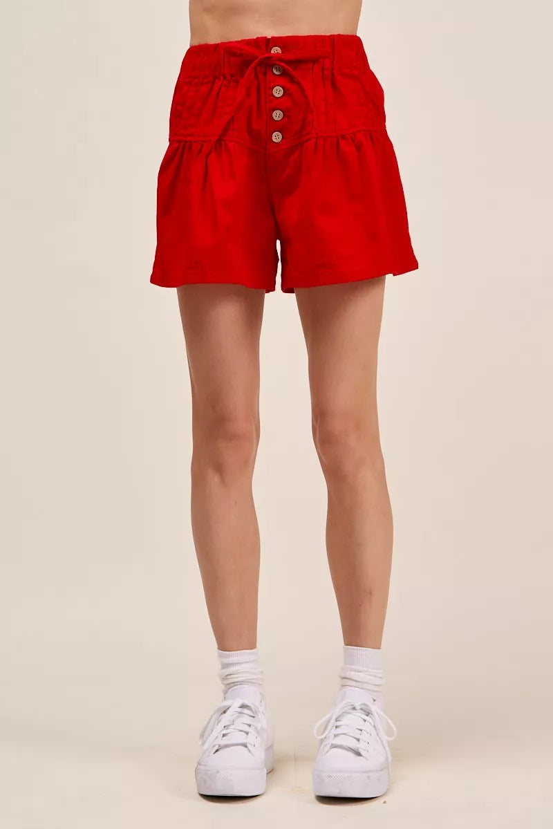 So Me Solid Twill Denim Pintucked Buttoned Shorts with Waist Tie RED view 4 (bottom) - tom ford solid t - shop at us.meeeshop