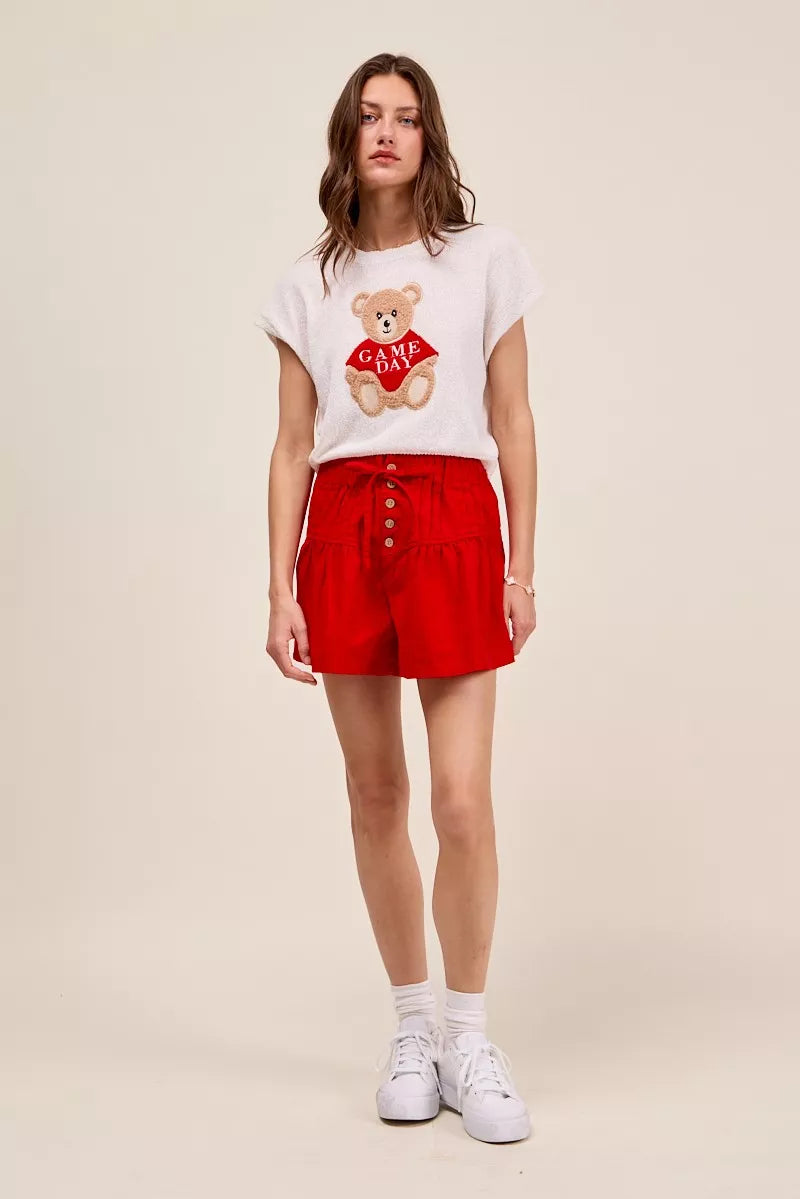 So Me Solid Twill Denim Pintucked Buttoned Shorts with Waist Tie view 5 (bottom) - tom ford solid twill - shop at us.meeeshop