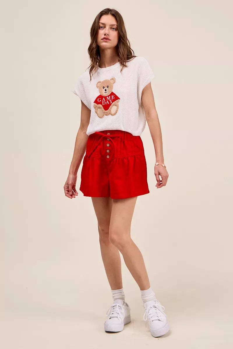 So Me Solid Twill Denim Pintucked Buttoned Shorts with Waist Tie view 6 (bottom) - tom ford solid twill - shop at us.meeeshop