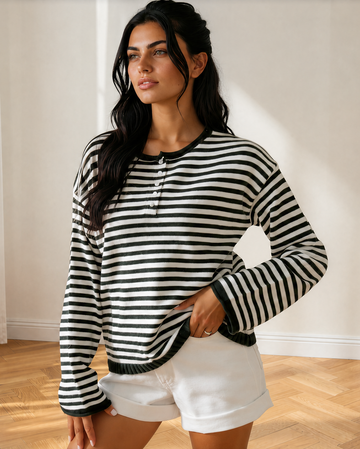 Sophia Button Placket Drop Shoulder Long Sleeve Sweater in Green Stripe - Long Sweater (top)