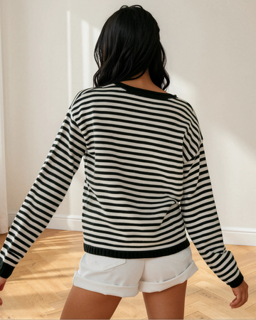 Sophia Button Placket Drop Shoulder Long Sleeve Sweater in Green Stripe view 2 - Long Sweater (top)