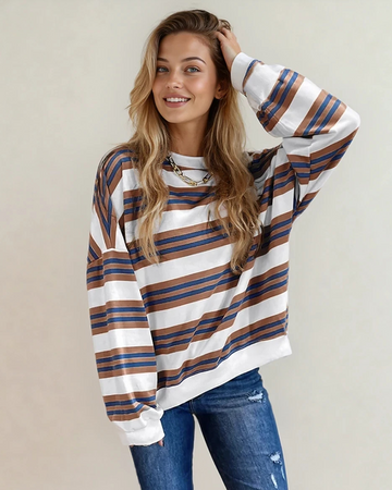 Sophie Stripe Crew Neck Drop Shoulder Pullover Sweatshirt in Blue Stripe - Sweatshirt Pullover (top)