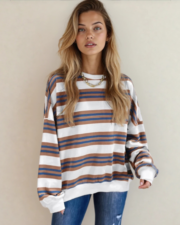 Sophie Stripe Crew Neck Drop Shoulder Pullover Sweatshirt in Blue Stripe view 2 - Sweatshirt Pullover (top)