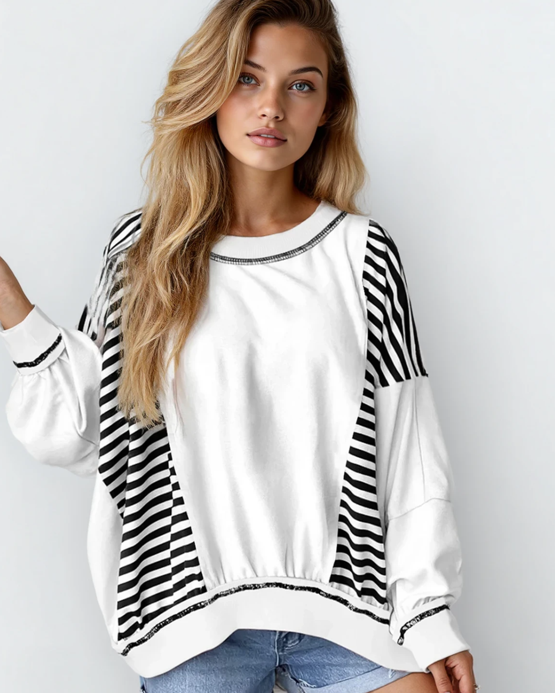 Sophie Striped Colorblock Patchwork Oversized Sweatshirt - Black Black Stripe (top) - sweatshirt black, - shop at us.meeeshop