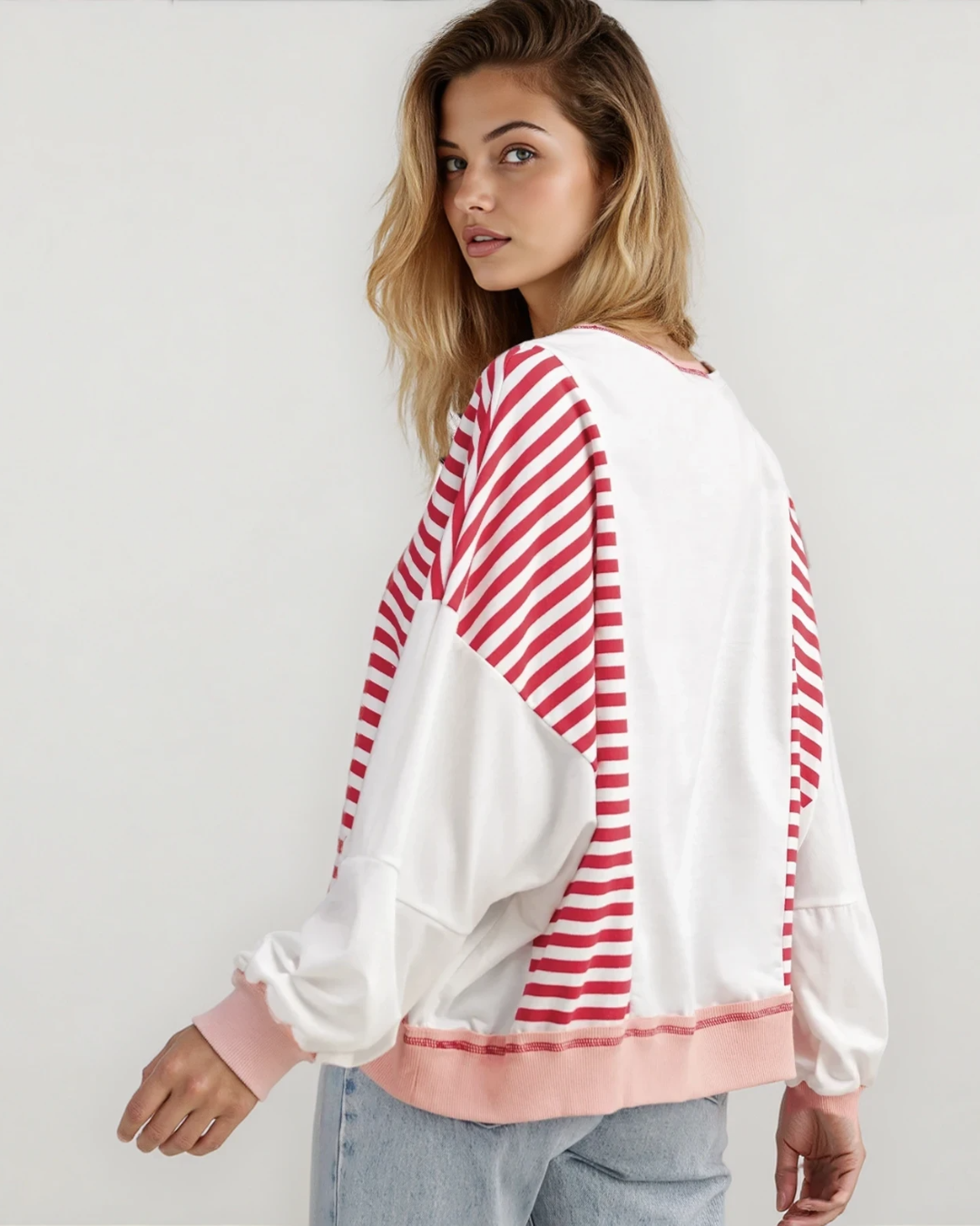 sophie striped colorblock Sophie Striped Colorblock Patchwork Oversized Sweatshirt - Red view 2 (top) - shop at us.meeeshop
