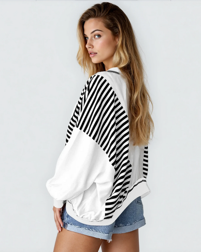 sophie striped colorblock Sophie Striped Colorblock Patchwork Oversized Sweatshirt - Black view 2 (top) - shop at us.meeeshop