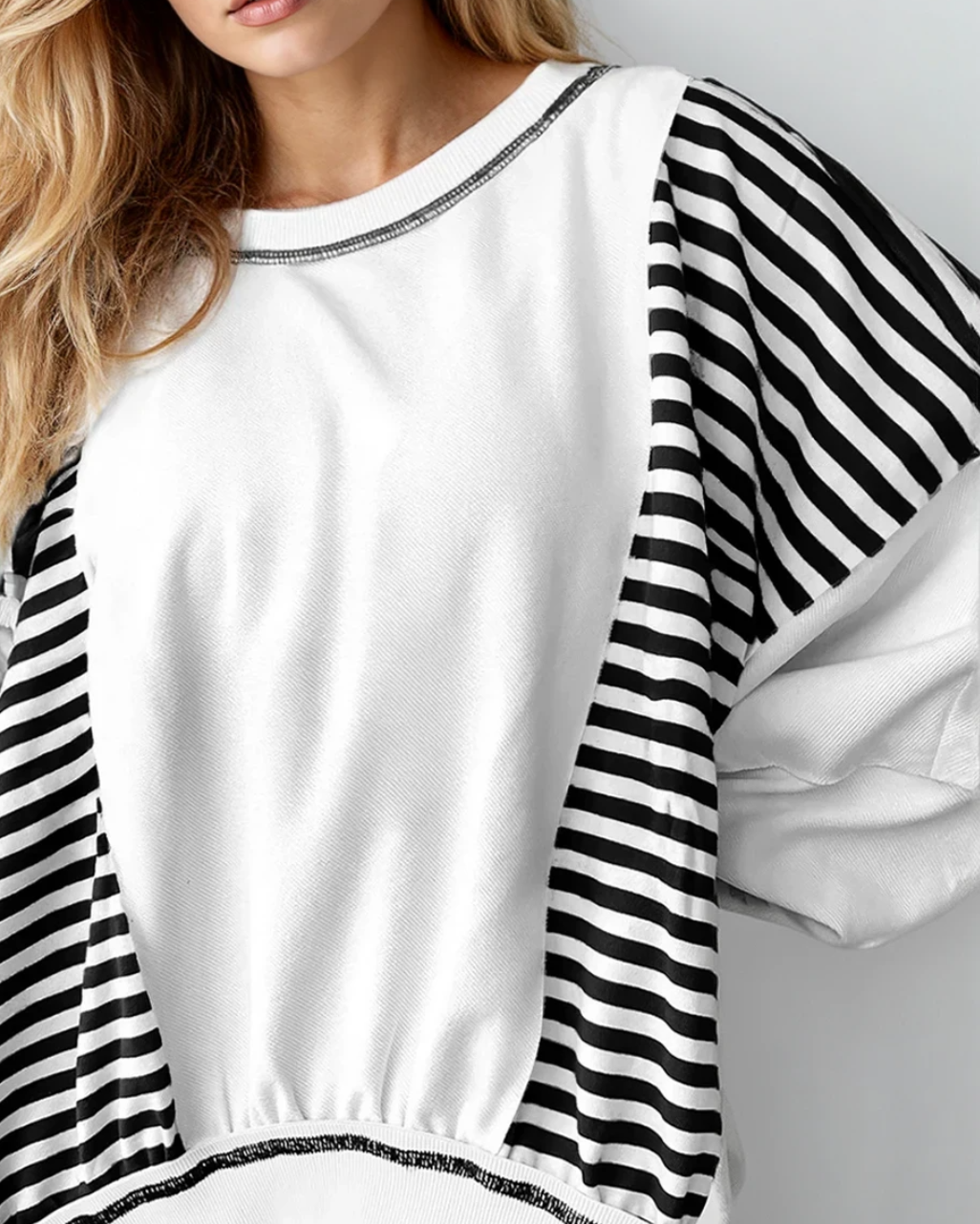 sophie striped colorblock Sophie Striped Colorblock Patchwork Oversized Sweatshirt - Black view 3 (top) - shop at us.meeeshop