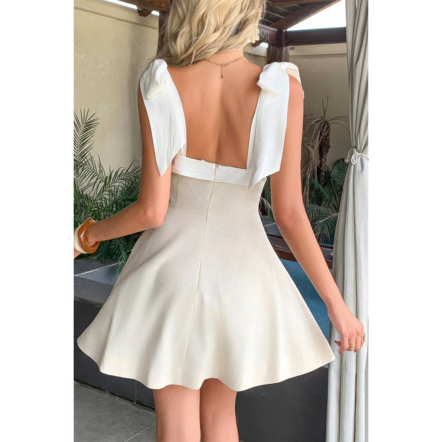 Square Neck Hide Zipper Tie Shoulder Dress view 5