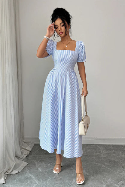 Square Neck Puff Sleeve Backless Bow Tied Striped Flowy Dress in Sky Blue - Square Dress Puff And Pencil