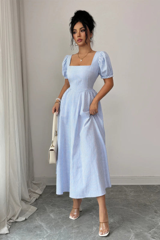 Square Neck Puff Sleeve Backless Bow Tied Striped Flowy Dress in Sky Blue view 2 - Square Dress Puff And Pencil