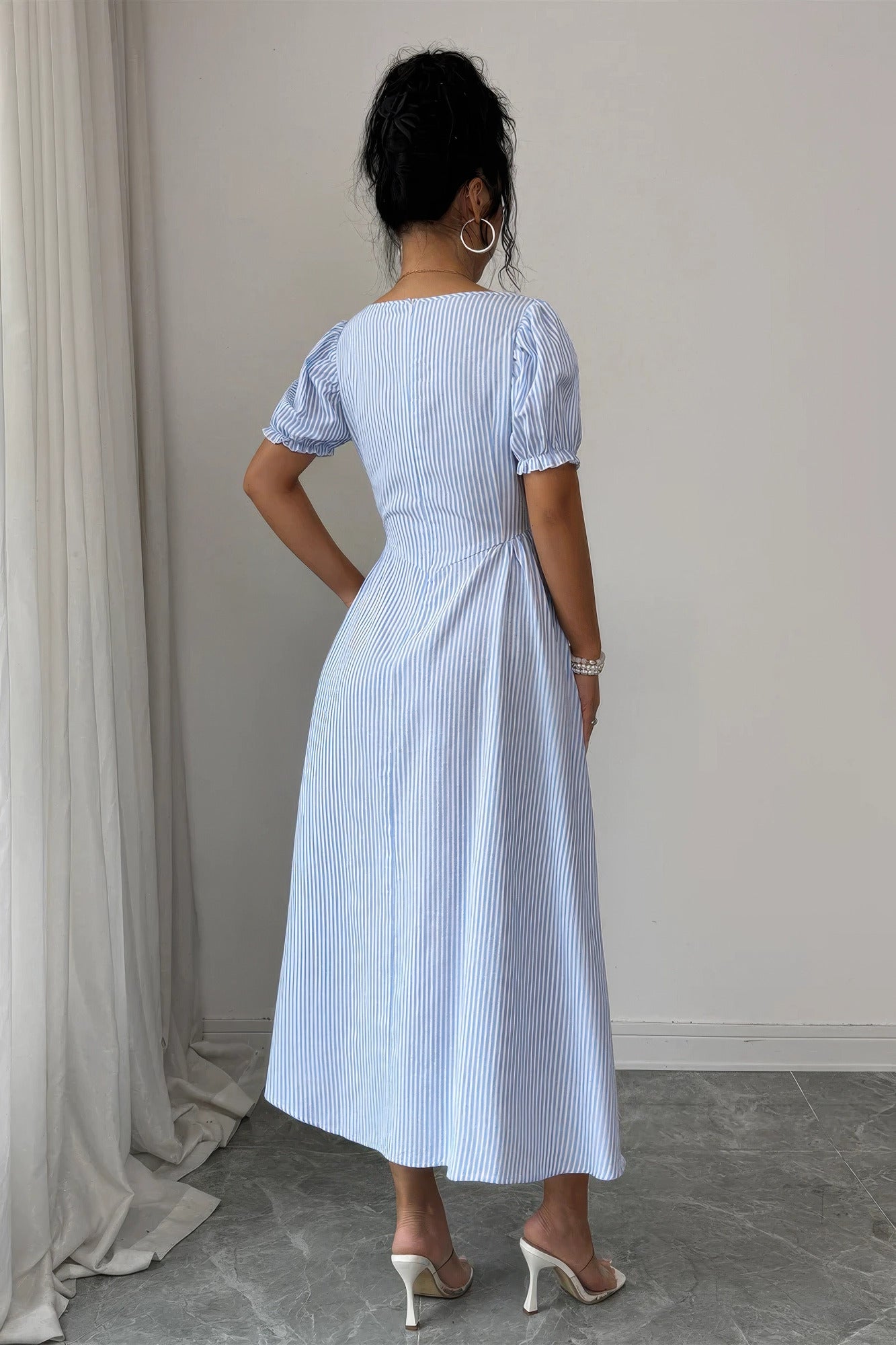Square Neck Puff Sleeve Backless Bow Tied Striped Flowy Dress view 5 - Square Dress Puff And Pencil
