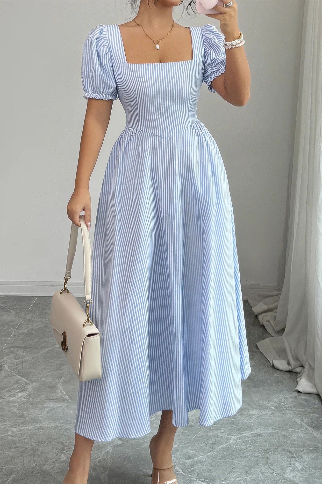 Square Neck Puff Sleeve Backless Bow Tied Striped Flowy Dress view 6 - Square Dress Puff And Pencil
