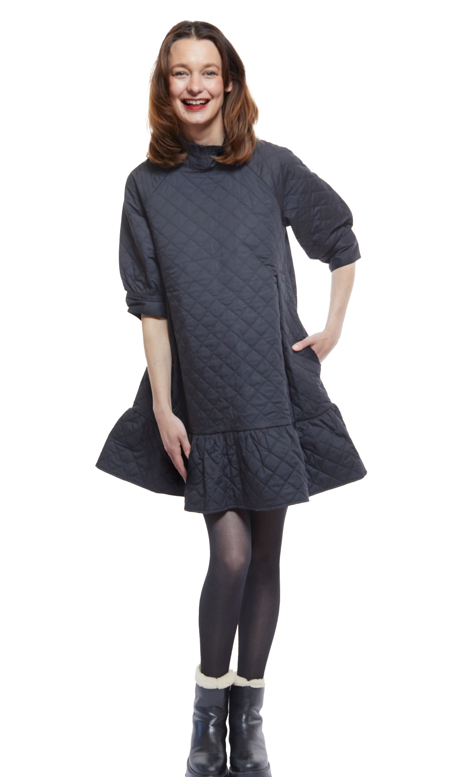 St. Tropez Softly Quilted Black Poplin Dress, Oversized Silhouette in M view 3 - Relaxed Fit - Saint Tropez Poplin Midi Dress