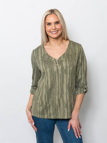 Stripe Jacquard V-neck Henley in Moss - Indigo Striped Jacquard Henley Shirt (top)