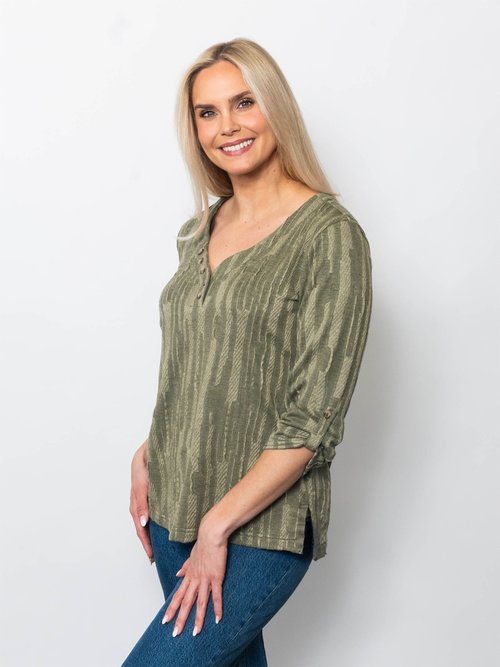 Stripe Jacquard V-neck Henley in Moss view 2 - Indigo Striped Jacquard Henley Shirt (top)