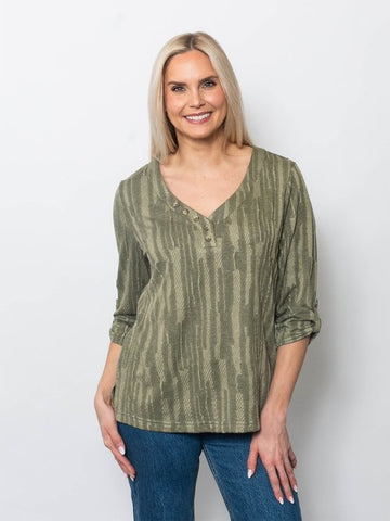 Stripe Jacquard V-neck Henley Top - MeeeShop Women's Fashion