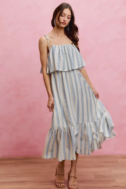 So Me Stripe Tiered Shoulder Tie Midi Lined Dress