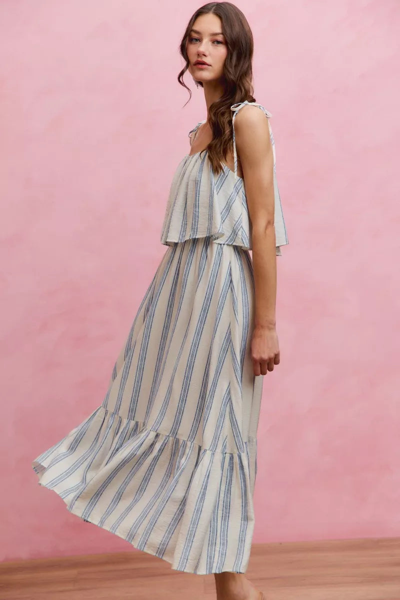 stripe tiered shoulder So Me Stripe Tiered Shoulder Tie Midi Lined Dress view 11 (dress) - shop at us.meeeshop