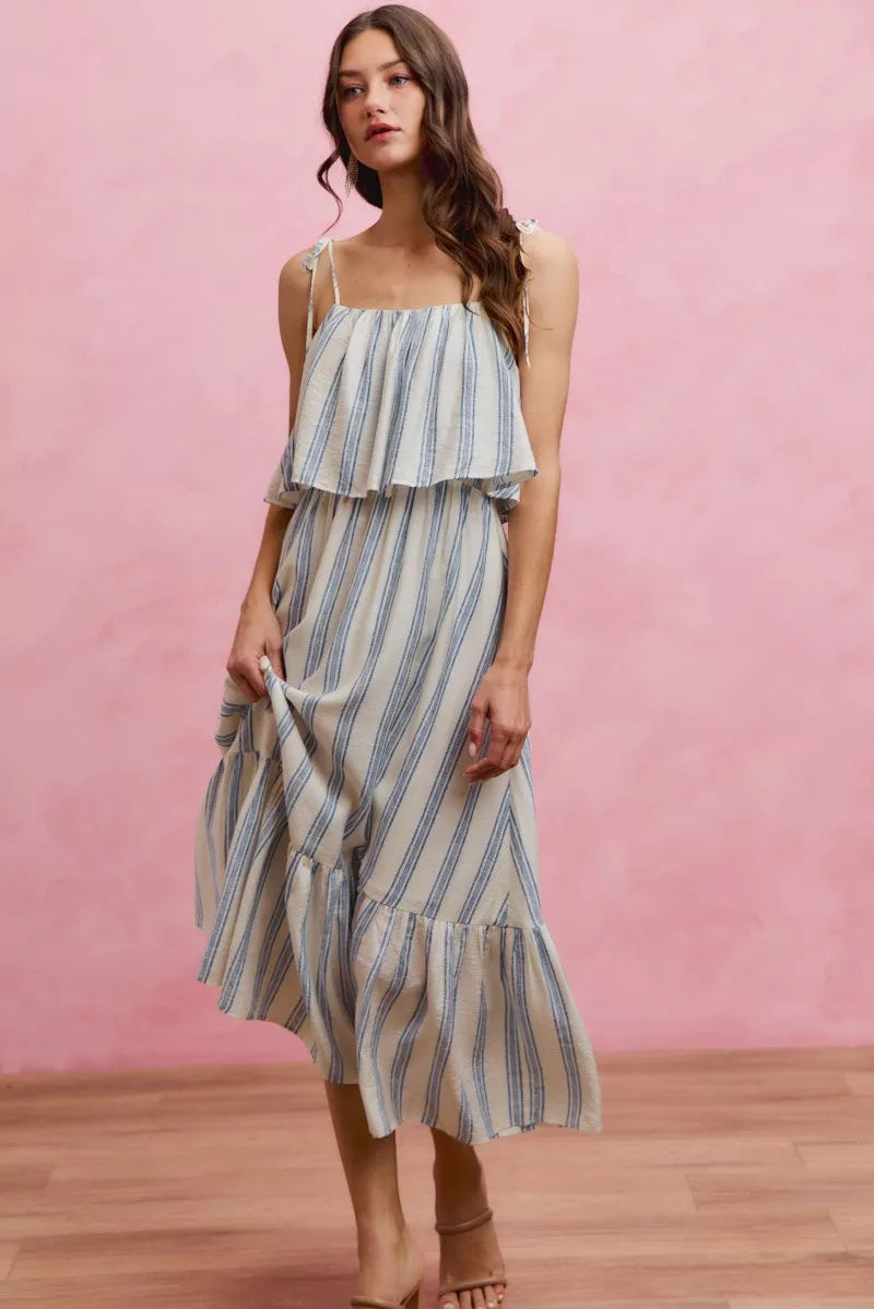 stripe tiered shoulder So Me Stripe Tiered Shoulder Tie Midi Lined Dress view 12 (dress) - shop at us.meeeshop