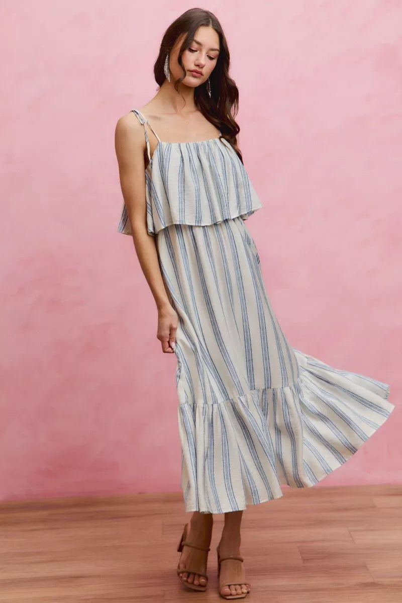stripe tiered shoulder So Me Stripe Tiered Shoulder Tie Midi Lined Dress view 13 (dress) - shop at us.meeeshop