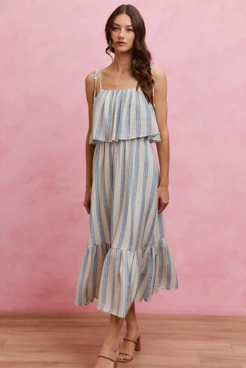 stripe tiered shoulder So Me Stripe Tiered Shoulder Tie Midi Lined Dress view 14 (dress) - shop at us.meeeshop