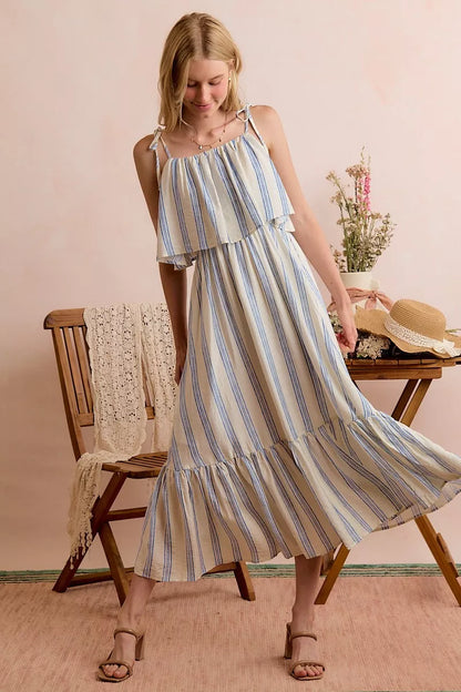 stripe tiered shoulder So Me Stripe Tiered Shoulder Tie Midi Lined Dress view 15 (dress) - shop at us.meeeshop