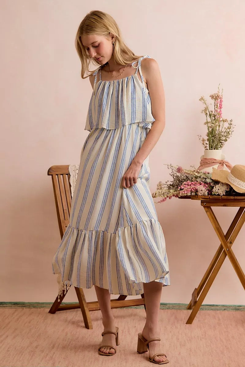 stripe tiered shoulder So Me Stripe Tiered Shoulder Tie Midi Lined Dress view 16 (dress) - shop at us.meeeshop