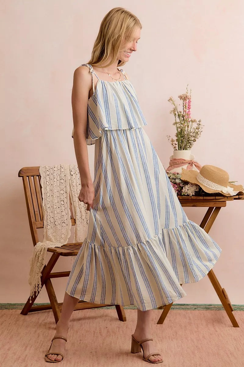 stripe tiered shoulder So Me Stripe Tiered Shoulder Tie Midi Lined Dress view 17 (dress) - shop at us.meeeshop