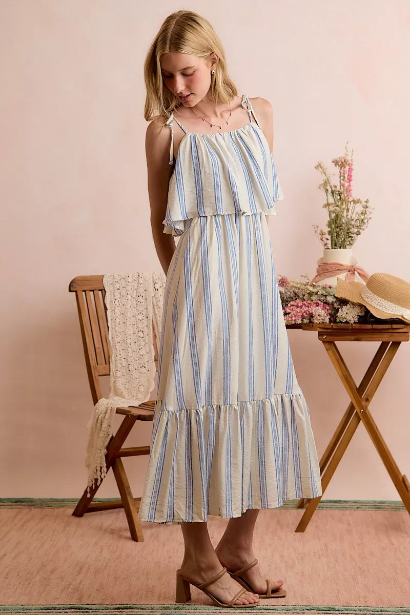 stripe tiered shoulder So Me Stripe Tiered Shoulder Tie Midi Lined Dress view 18 (dress) - shop at us.meeeshop