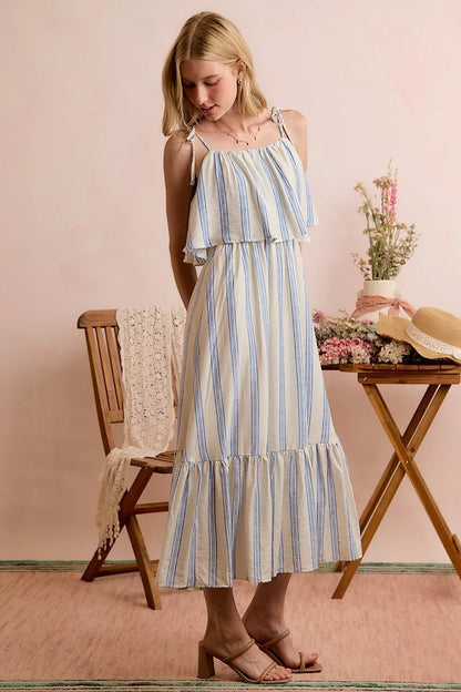 stripe tiered shoulder So Me Stripe Tiered Shoulder Tie Midi Lined Dress view 18 (dress) - shop at us.meeeshop
