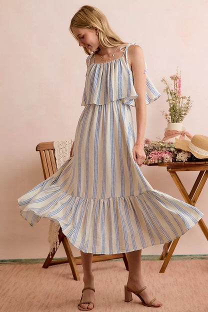 stripe tiered shoulder So Me Stripe Tiered Shoulder Tie Midi Lined Dress view 19 (dress) - shop at us.meeeshop