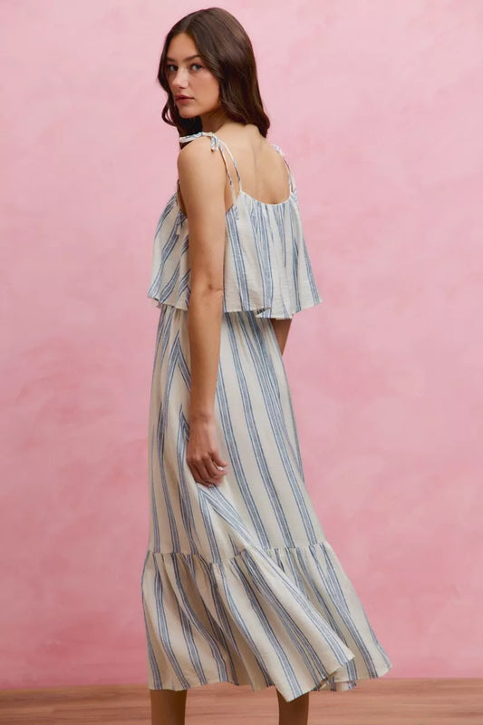 stripe tiered shoulder So Me Stripe Tiered Shoulder Tie Midi Lined Dress view 2 (dress) - shop at us.meeeshop