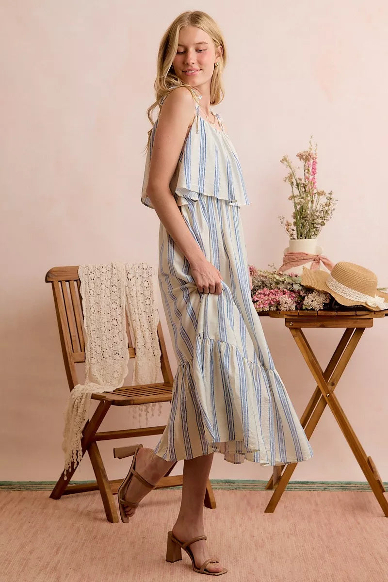 stripe tiered shoulder So Me Stripe Tiered Shoulder Tie Midi Lined Dress view 20 (dress) - shop at us.meeeshop