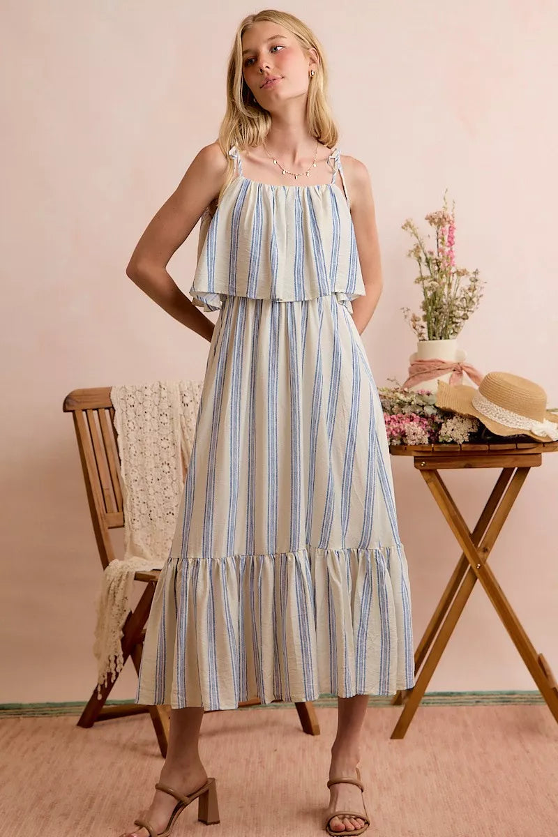 stripe tiered shoulder So Me Stripe Tiered Shoulder Tie Midi Lined Dress view 21 (dress) - shop at us.meeeshop