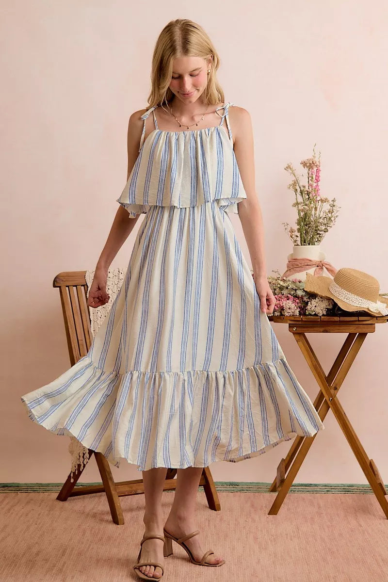 stripe tiered shoulder So Me Stripe Tiered Shoulder Tie Midi Lined Dress view 22 (dress) - shop at us.meeeshop