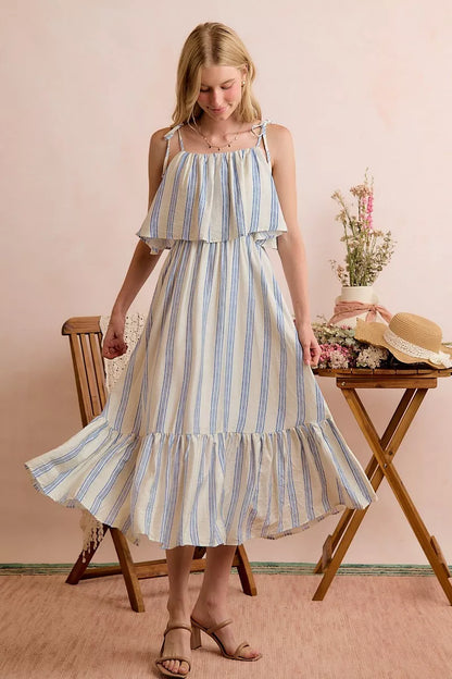 stripe tiered shoulder So Me Stripe Tiered Shoulder Tie Midi Lined Dress view 22 (dress) - shop at us.meeeshop