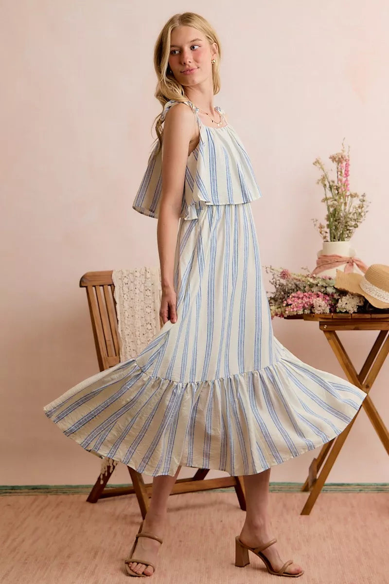 stripe tiered shoulder So Me Stripe Tiered Shoulder Tie Midi Lined Dress view 23 (dress) - shop at us.meeeshop