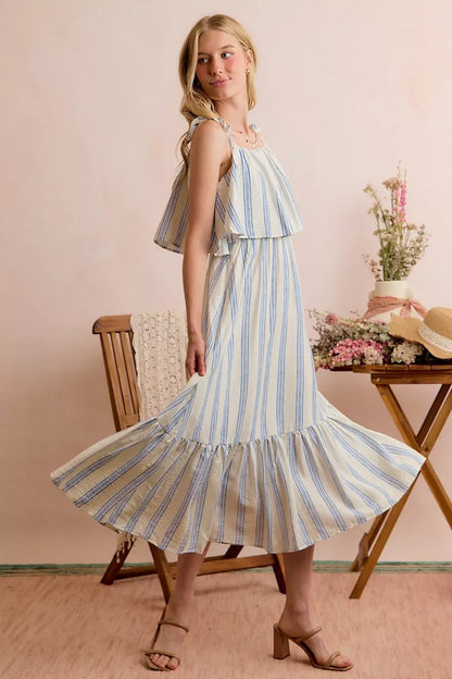 stripe tiered shoulder So Me Stripe Tiered Shoulder Tie Midi Lined Dress view 23 (dress) - shop at us.meeeshop