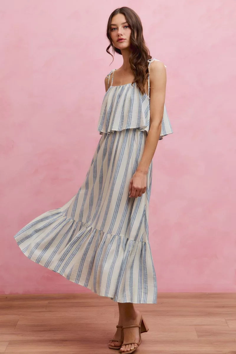 stripe tiered shoulder So Me Stripe Tiered Shoulder Tie Midi Lined Dress view 4 (dress) - shop at us.meeeshop