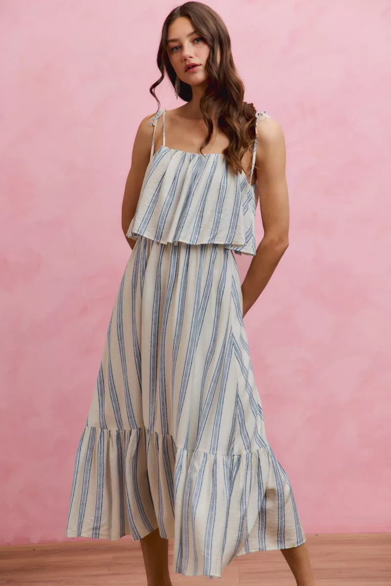 stripe tiered shoulder So Me Stripe Tiered Shoulder Tie Midi Lined Dress view 5 (dress) - shop at us.meeeshop